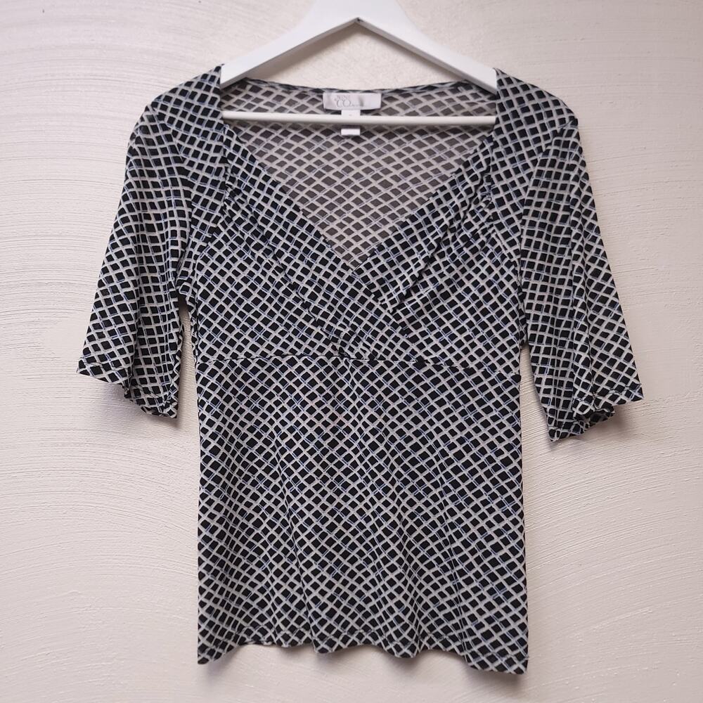 Nine West Top Size M Y2k Shirt Black Blouse Blue White Womens Sheer